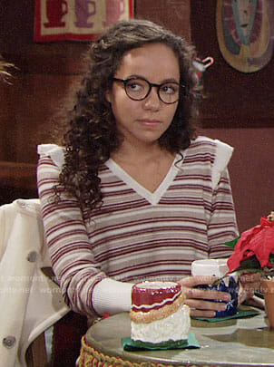 Mattie’s red striped sweater with ruffle shoulders on The Young and the Restless