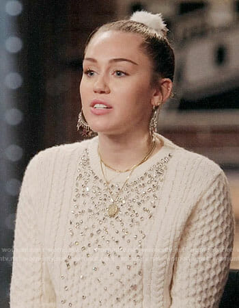 Miley Cyrus’s embellished cable knit sweater on The Voice