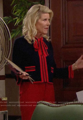 Pam’s navy cardigan with red bow neck on The Bold and the Beautiful