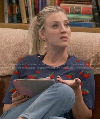 Penny’s blue cherry embroidered t-shirt on The Big Bang Theory