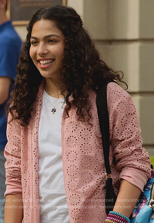 Molly’s pink eyelet jacket and floral jeans on Marvel’s Runaways