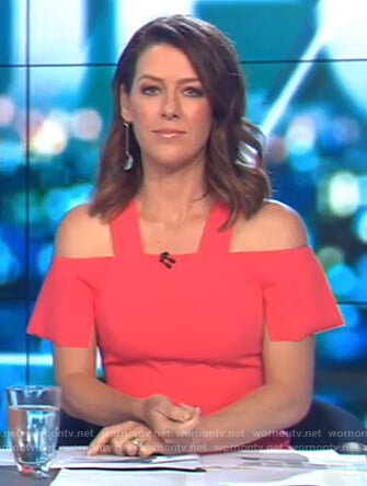 Gorgi’s red cold shoulder dress on The Project