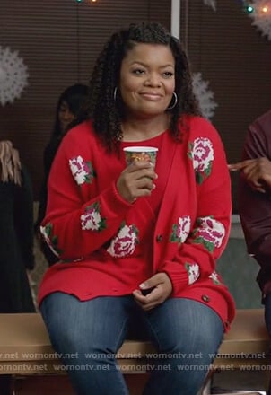 Dina’s red rose print cardigan on The Mayor