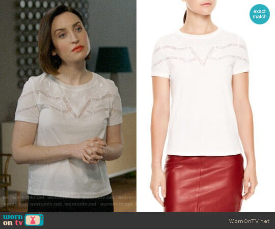 Sandro Lilou Lace-Inset Tee worn by Jennifer Short (Zoe Lister-Jones) on Life in Pieces
