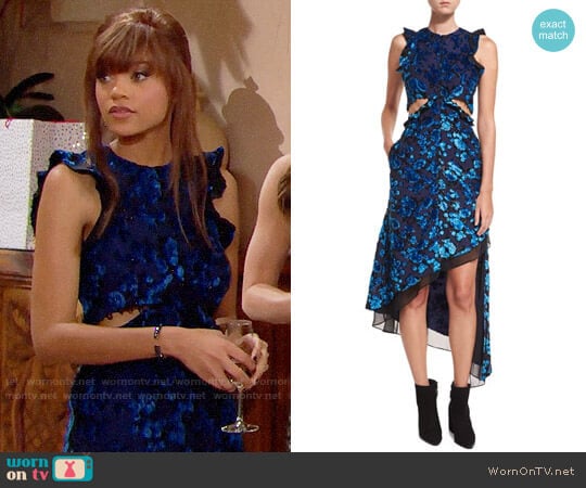 Self Portrait Floral Devore Velvet Sleeveless Cutout Asymmetric Dress worn by Nicole Avant (Reign Edwards) on The Bold and the Beautiful