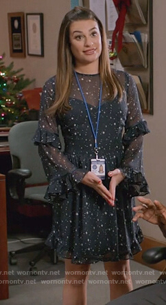 Valentina’s navy star print ruffle dress on The Mayor