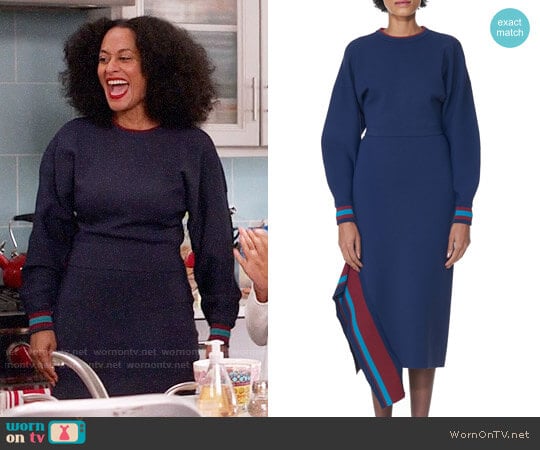Tibi Jacquard Knit Pullover in Navy Multi worn by Rainbow Johnson (Tracee Ellis Ross) on Black-ish