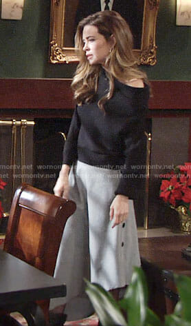 Victoria’s grey midi skirt with side buttons and black off-shoulder top  on The Young and the Restless