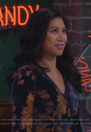 Eve’s navy floral velvet wrap dress on 9JKL