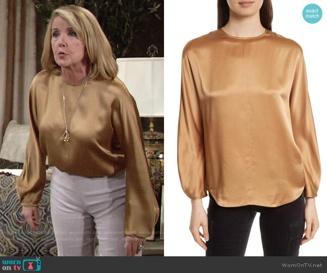 Vince Split Back Silk Blouse worn by Nikki Reed Newman (Melody Thomas-Scott) on The Young and the Restless