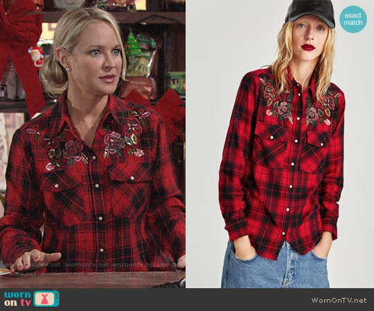 Checked Shirt with Bejewelled Applique worn by Sharon Newman (Sharon Case) on The Young and the Restless