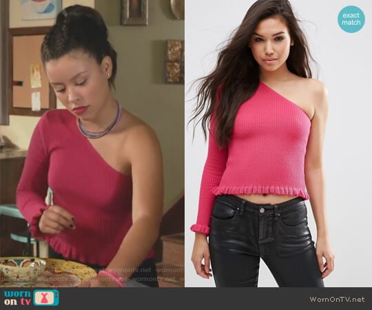 ASOS One Shoulder Sweater in Rib with Ruffle Hem worn by Mariana Foster (Cierra Ramirez) on The Fosters