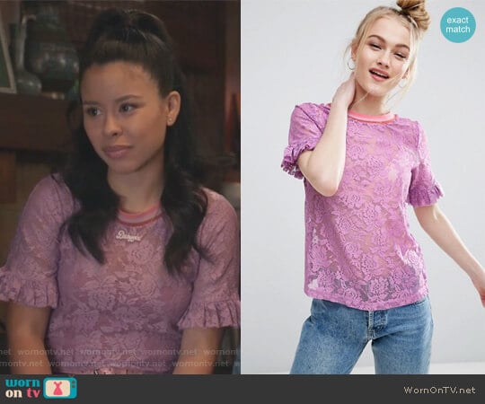 ASOS T-Shirt in Lace with Ruffle Sleeve and Stripe Tipping worn by Mariana Foster (Cierra Ramirez) on The Fosters