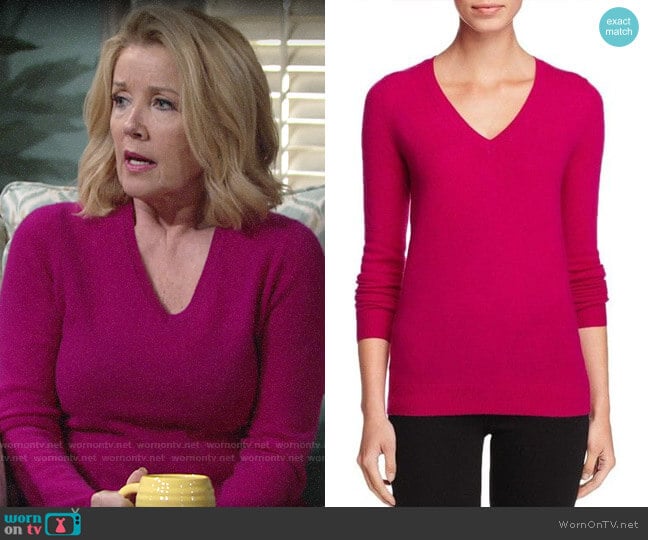 C by Bloomingdales Cashmere V-Neck Sweater in Fuschia worn by Nikki Reed Newman (Melody Thomas-Scott) on The Young and the Restless