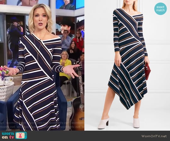 Cedric Charlier Asymmetric striped metallic knitted midi dress worn by Megyn Kelly on Today