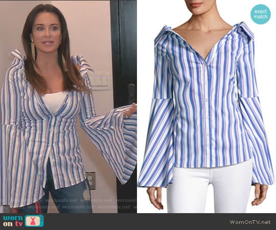 Caroline Constas Persephone Striped Décolleté Shirt worn by Kyle Richards on The Real Housewives of Beverly Hills