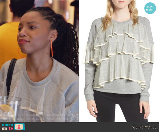 Chelsea28 Mesh Ruffle Sweatshirt worn by Jazlyn Forster (Chloe Bailey) on Grown-ish