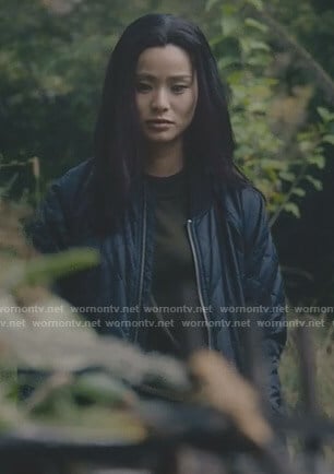 Clarice’s navy quilted bomber jacket on The Gifted