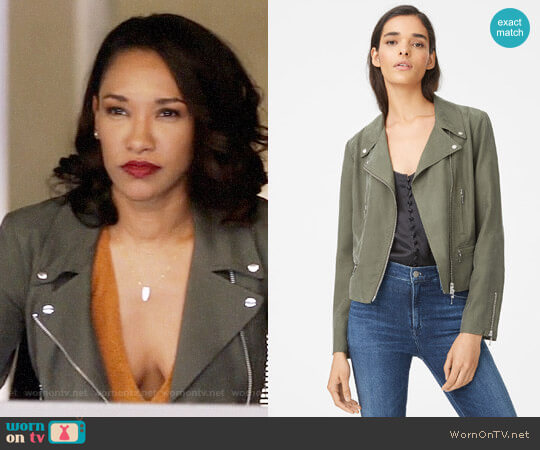 Club Monaco Kapri Moto Jacket in Surplus Green worn by Iris West (Candice Patton) on The Flash