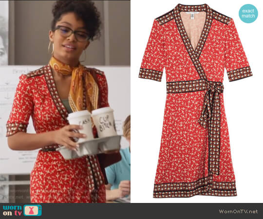 Diane von Furstenberg Lucinda Airplane Print Wrap Dress worn by Zoey Johnson (Yara Shahidi) on Grown-ish