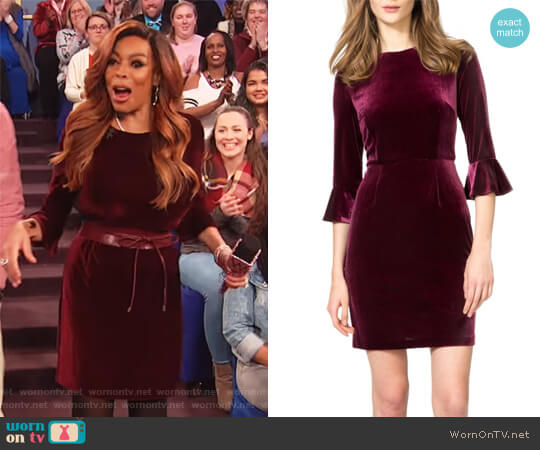 Donna Morgan Three-Quarter Bell Sleeve Velvet Sheath Dress worn by Wendy Williams on The Wendy Williams Show