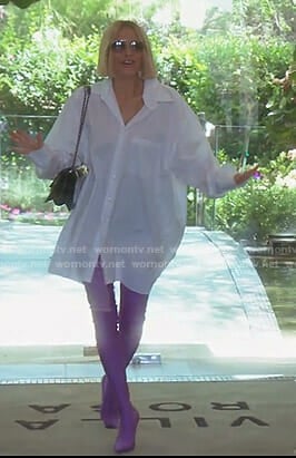 Dorit’s white oversized shirt and purple boots on The Real Housewives of Beverly Hills