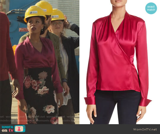 Elie Tahari Shelly Faux-Wrap Silk Top worn by Catherine Wilder (Angel Parker) on Marvels Runaways