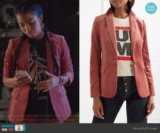 Frame Classic cotton-blend velvet blazer worn by Zoey Johnson (Yara Shahidi) on Grown-ish