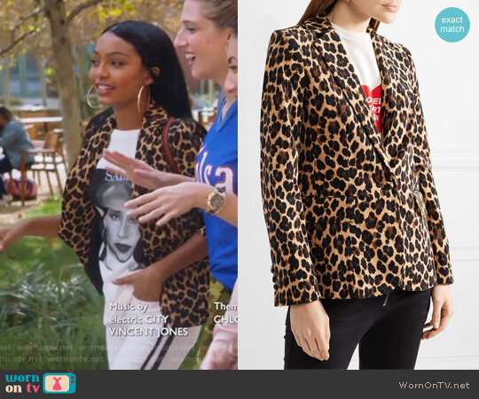 Frame Leopard-print cotton-blend velvet blazer worn by Zoey Johnson (Yara Shahidi) on Grown-ish