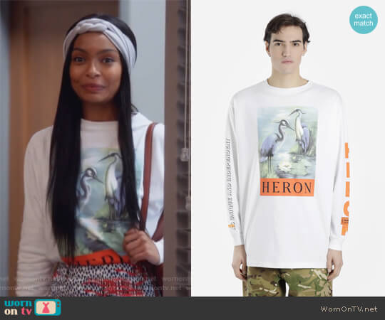 Heron Preston White Long Sleeved Printed T-shirt worn by Zoey Johnson (Yara Shahidi) on Grown-ish