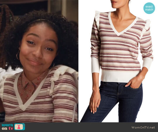 Joie V-Neck Long Sleeve Striped Wool Blend Sweater worn by Zoey Johnson (Yara Shahidi) on Grown-ish
