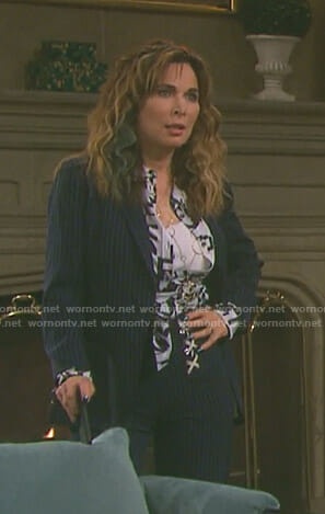Kate’s navy pinstriped lace-up suit on Days of our Lives
