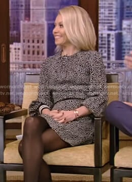 Kelly’s black dotted dress with banded cuffs on Live with Kelly and Ryan