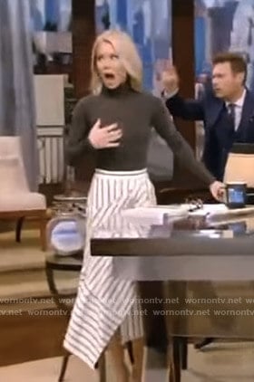 Kelly’s white striped asymmetric skirt on Live with Kelly and Ryan