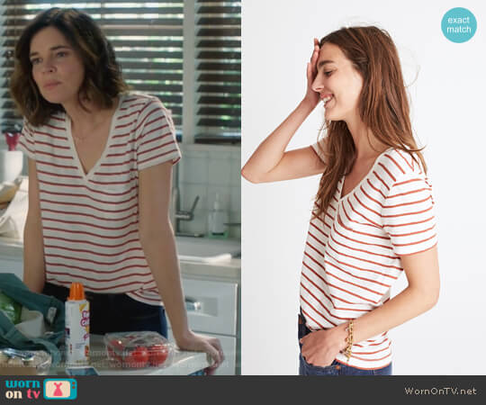 Madewell Whisper Cotton V-Neck Pocket Tee in Abilene Stripe worn by Heather Hughes (Betsy Brandt) on Life in Pieces
