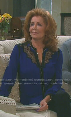 Maggie’s blue and black lace inset blouse on Days of our Lives