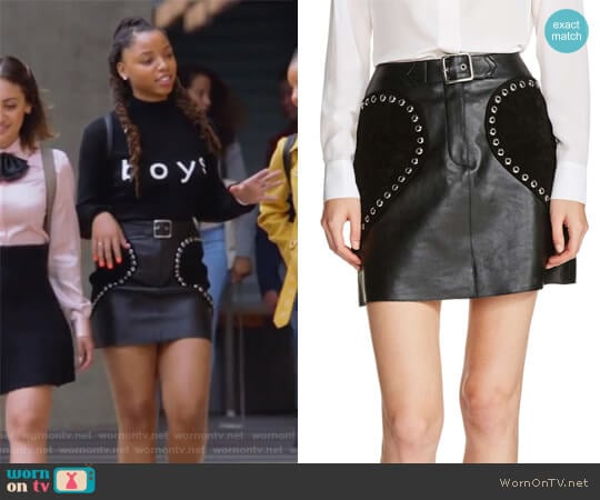 Maje Heart Patch A-Line Leather Skirt worn by Jazlyn Forster (Chloe Bailey) on Grown-ish