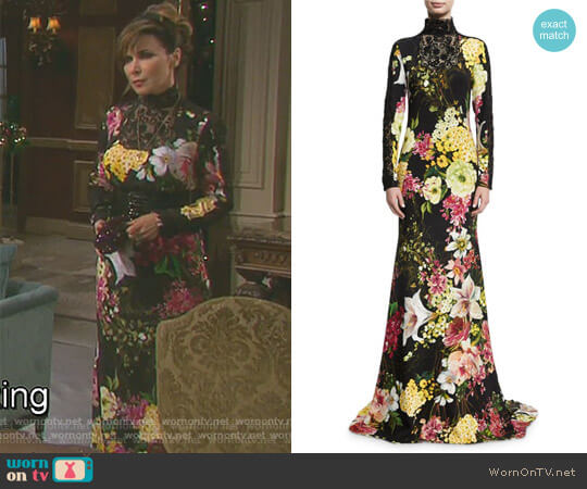 Naeem Khan Floral-Print Long-Sleeve High-Neck Gown worn by Kate Roberts (Lauren Koslow) on Days of our Lives