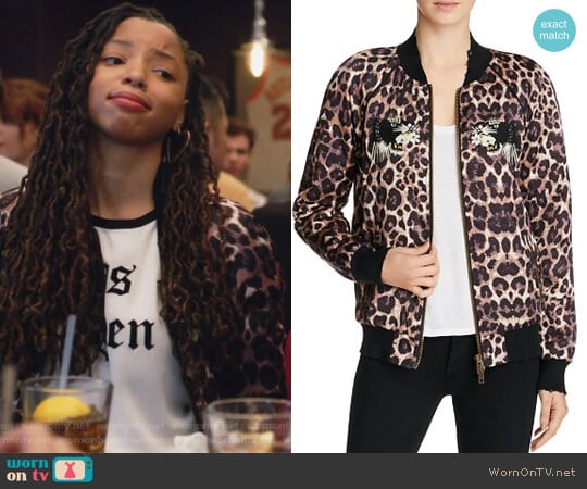 Pam & Gela Embellished Leopard Silk Bomber Jacket worn by Jazlyn Forster (Chloe Bailey) on Grown-ish