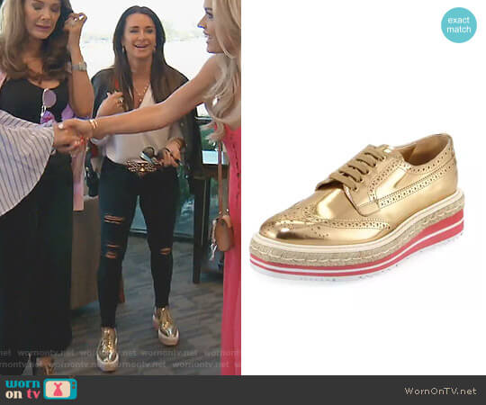 Prada Metallic Wing-Tip Platform Loafer worn by Kyle Richards on The Real Housewives of Beverly Hills