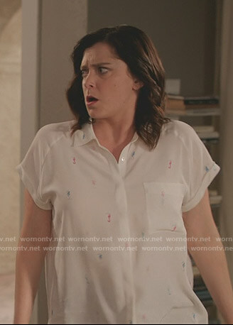 Rebecca’s white seahorse print shirt on Crazy Ex-Girlfriend