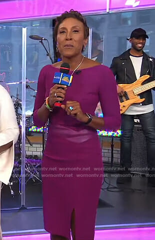 Robin’s purple leather insert sheath dress on Good Morning America