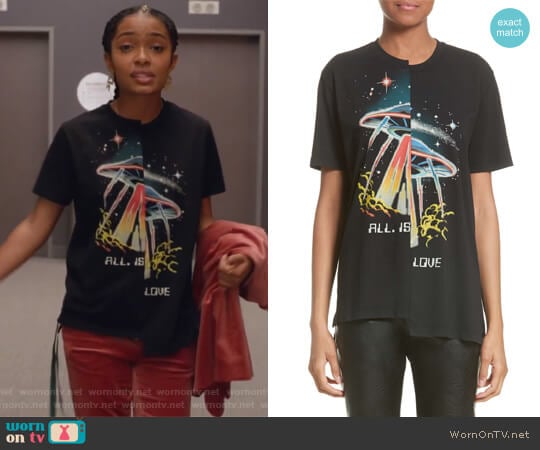 Stella McCartney All Is Love UFO Asymmetrical Tee worn by Zoey Johnson (Yara Shahidi) on Grown-ish