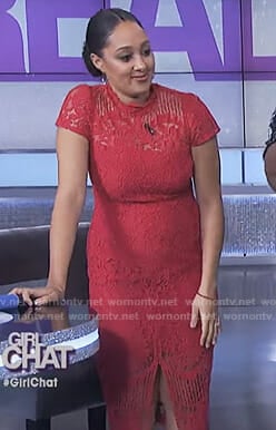 Tamera’s red lace dress with front slit on The Real