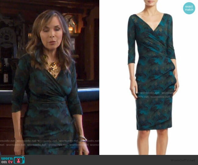 Chiara Boni La Petite Robe Three Quarter Sleeve Wrap Dress in Maple Green worn by Kate Roberts (Lauren Koslow) on Days of our Lives