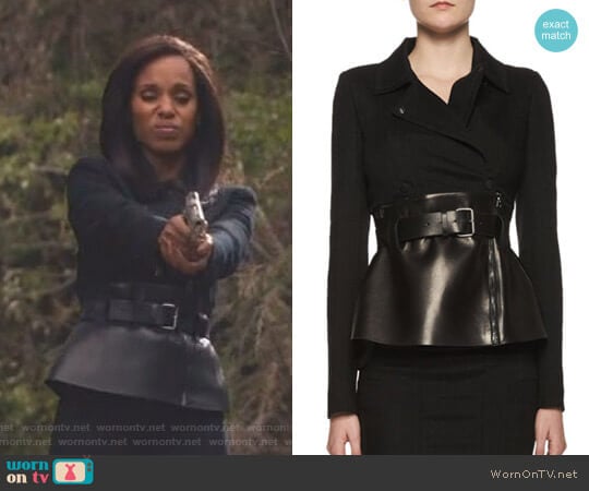 Tom Ford Belted Leather Peplum Wrap Jacket worn by Olivia Pope (Kerry Washington) on Scandal