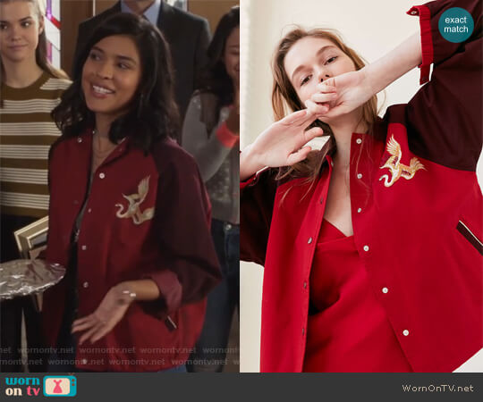 Urban Outfitters Golden Dragon Embroidered Baseball Coach Bomber worn by Ximena Sinfuego (Lisseth Chavez) on The Fosters