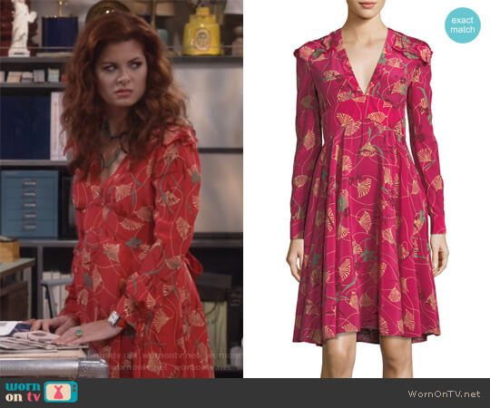 Valentino Lotus-Print Silk V-Neck Dress worn by Grace Adler (Debra Messing) on Will and Grace