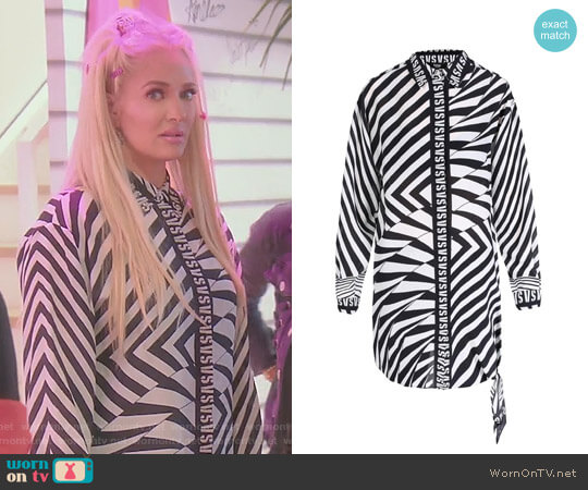 Versus Versace Zebra-Striped Silk Long Shirt worn by Erika Jayne on The Real Housewives of Beverly Hills