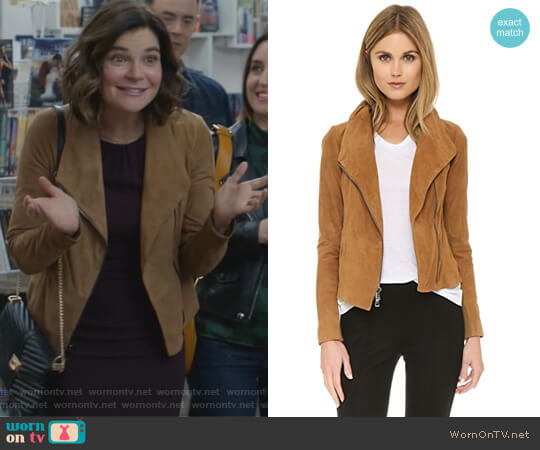 Vince Suede Scuba Jacket worn by Heather Hughes (Betsy Brandt) on Life in Pieces